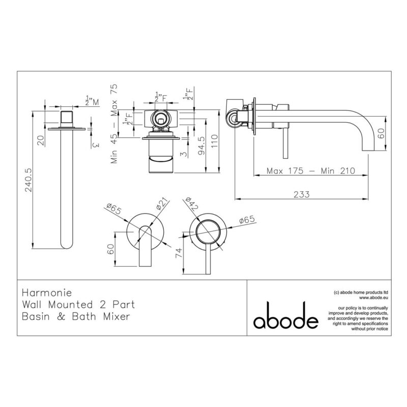 Abode Harmonie Wall Mounted Basin / Bath Mixer Tap Chrome