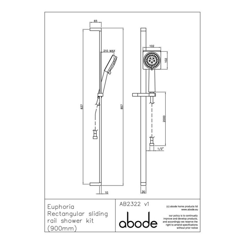 Abode Euphoria Single Function Square Sliding Rail Shower Kit Chrome