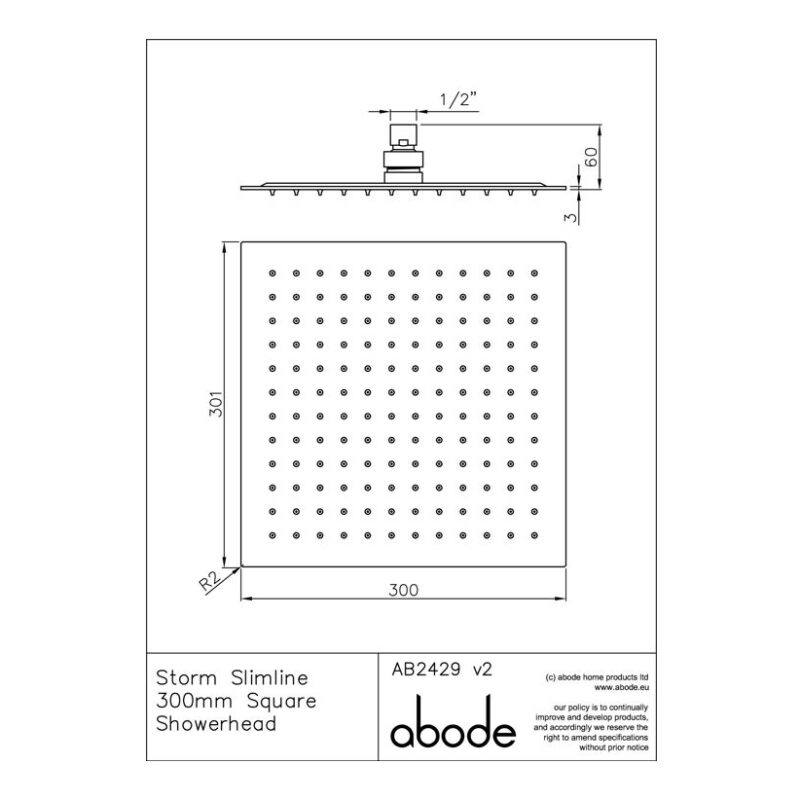 Abode Storm Slimline 300mm Square Shower Head Steel