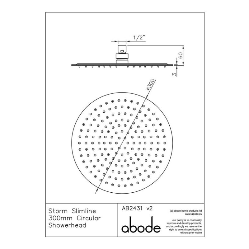 Abode Storm Slimline 300mm Circular Shower Head Steel