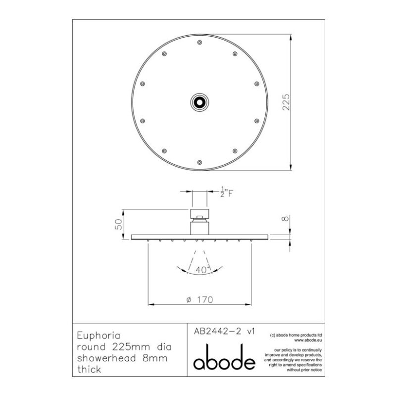 Abode Euphoria 225mm Circular Shower Head Chrome