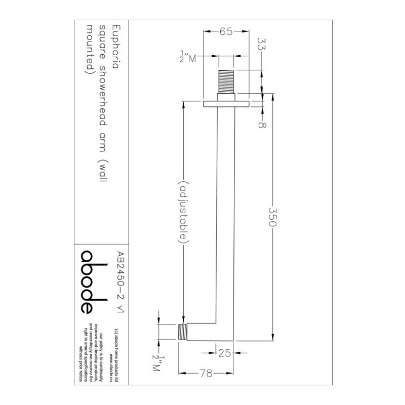 Abode Euphoria Wall Mounted Square Shower Arm Chrome