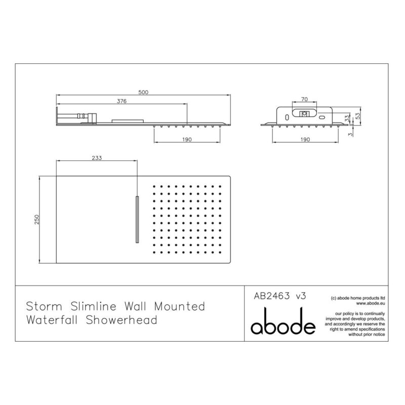Abode Storm Slimline 3mm Wall Mounted Waterfall Showerhead Steel