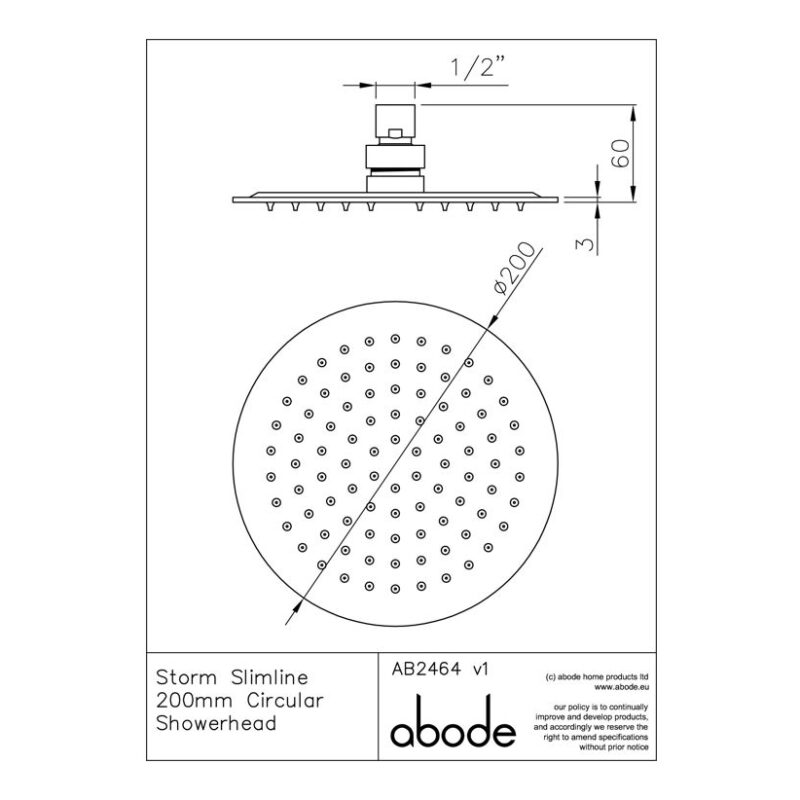 Abode Storm Slimline 200mm Circular Shower Head Steel