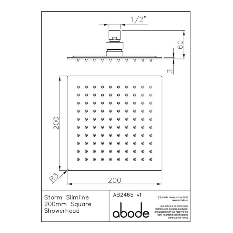 Abode Storm Slimline 200mm Square Shower Head Steel
