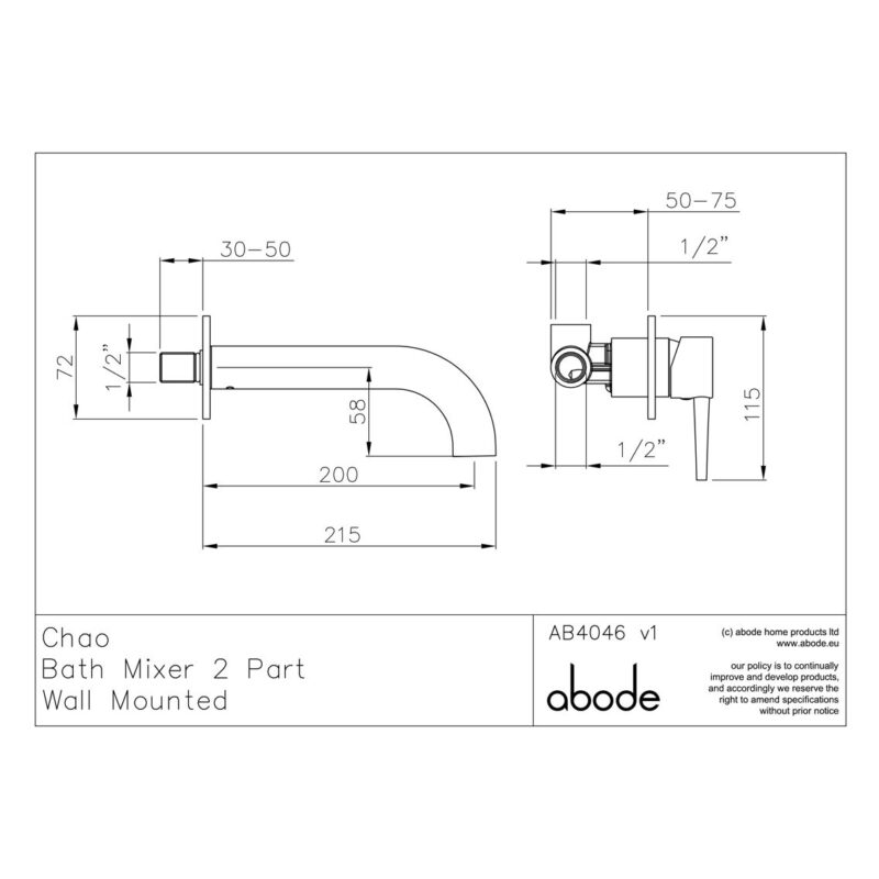 Abode Chao Wall Mounted 2 Hole Bath Mixer Tap Chrome