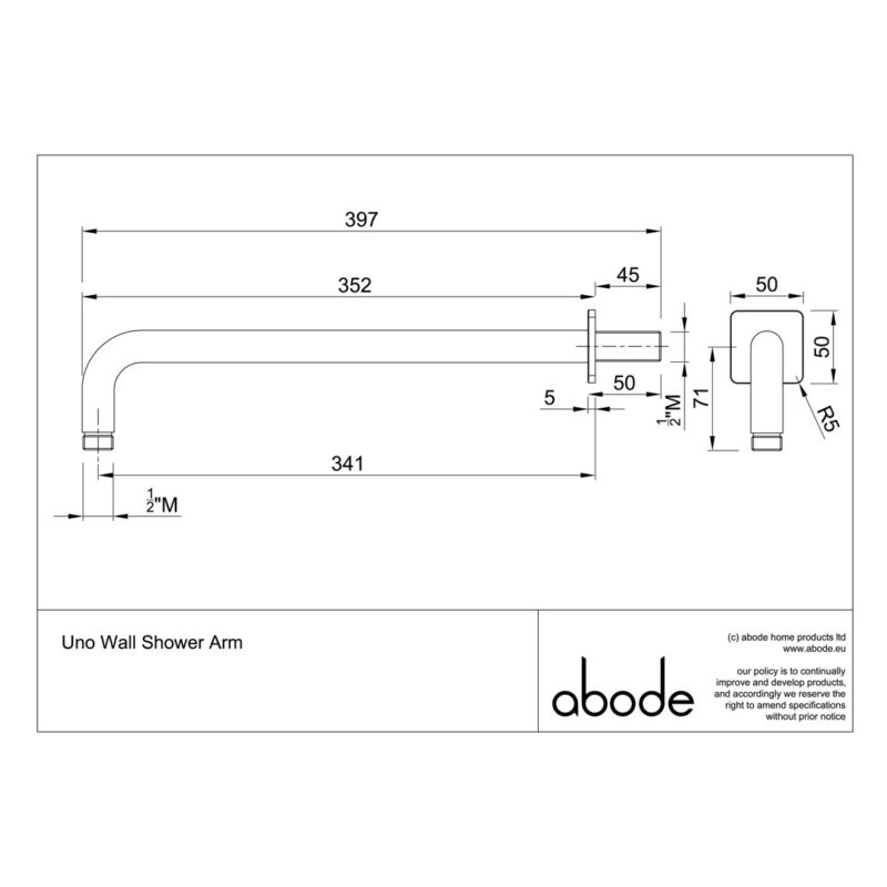 Abode Uno Wall Shower Arm Brushed Brass