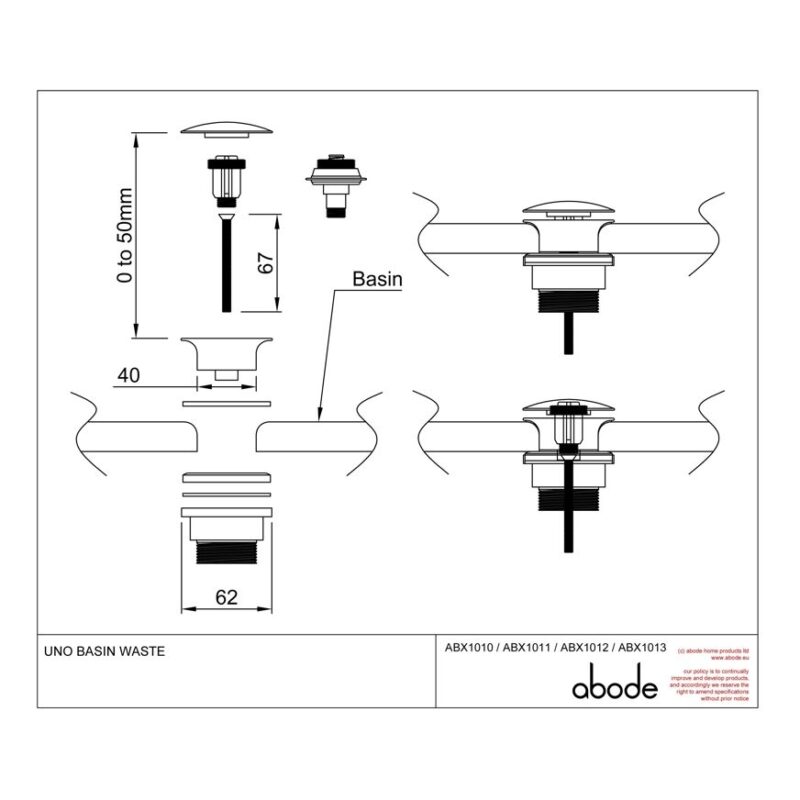 Abode Uno Basin Clicker Waste Universal Matt Black