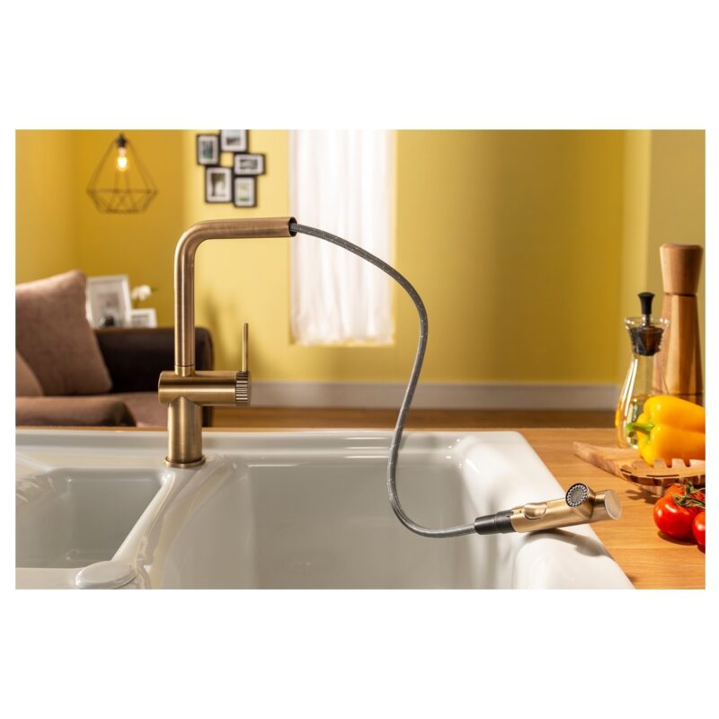 Abode Fraction PullOut Kitchen Mixer Tap Antique Brass