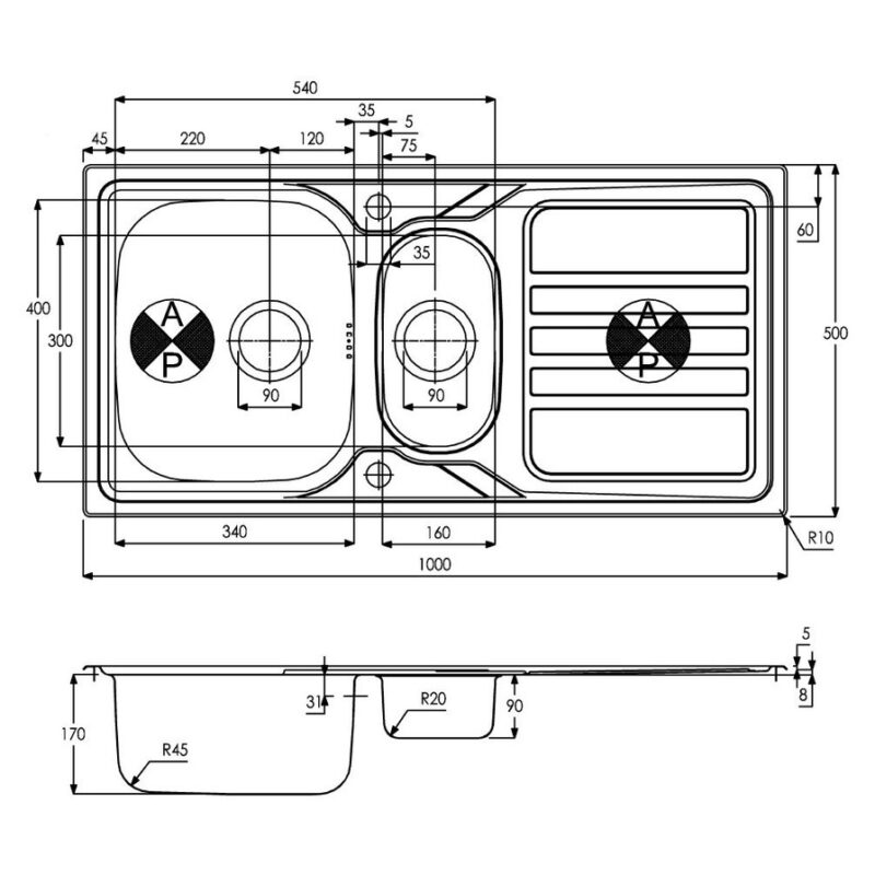 Abode Mikro 1.5 Bowl & Drainer Inset Sink Steel
