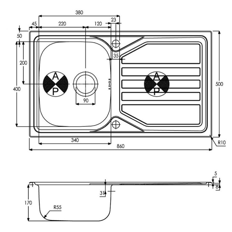 Abode Mikro 1 Bowl & Drainer Inset Sink Steel