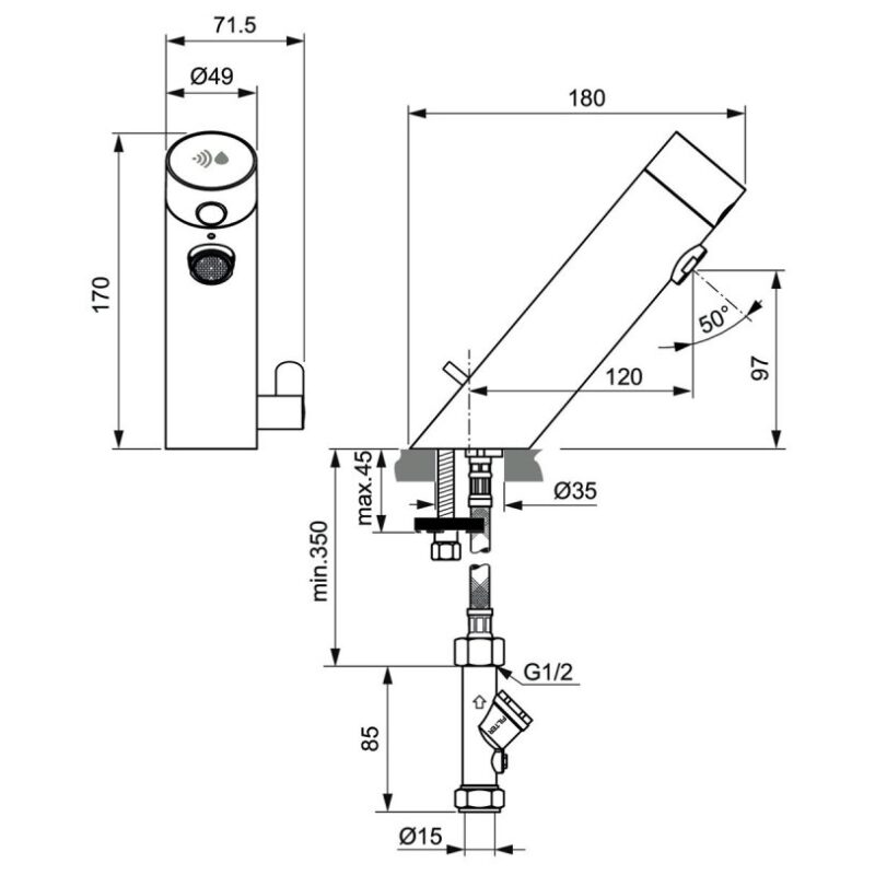 Armitage Shanks Sensorflow E Deck Basin Mixer with Control, Battery