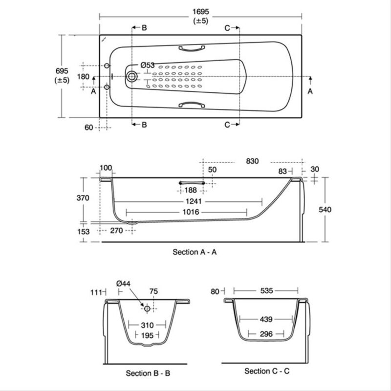 Armitage Shanks Sandringham 21 170cm Water Saving Bath with Grips, Front & End Panel