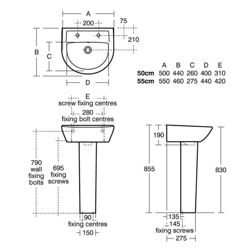 Armitage Shanks Sandringham 21 55cm Pedestal Basin 2TH