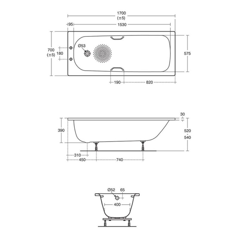 Armitage Shanks Sandringham 21 170x70cm Steel Bath 2 Holes & Grips