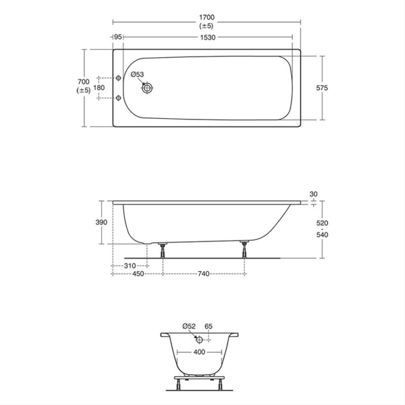 Armitage Shanks Sandringham 21 Steel Bath 170x70 2 Hole No Grips
