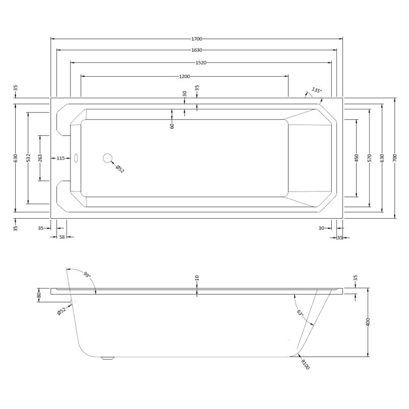 Bayswater Bathurst 1700mm x 700mm Single Ended Bath