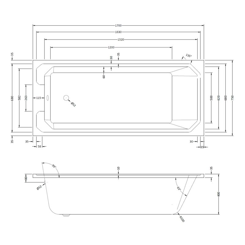 Bayswater Bathurst 1700mm x 750mm Single Ended Bath
