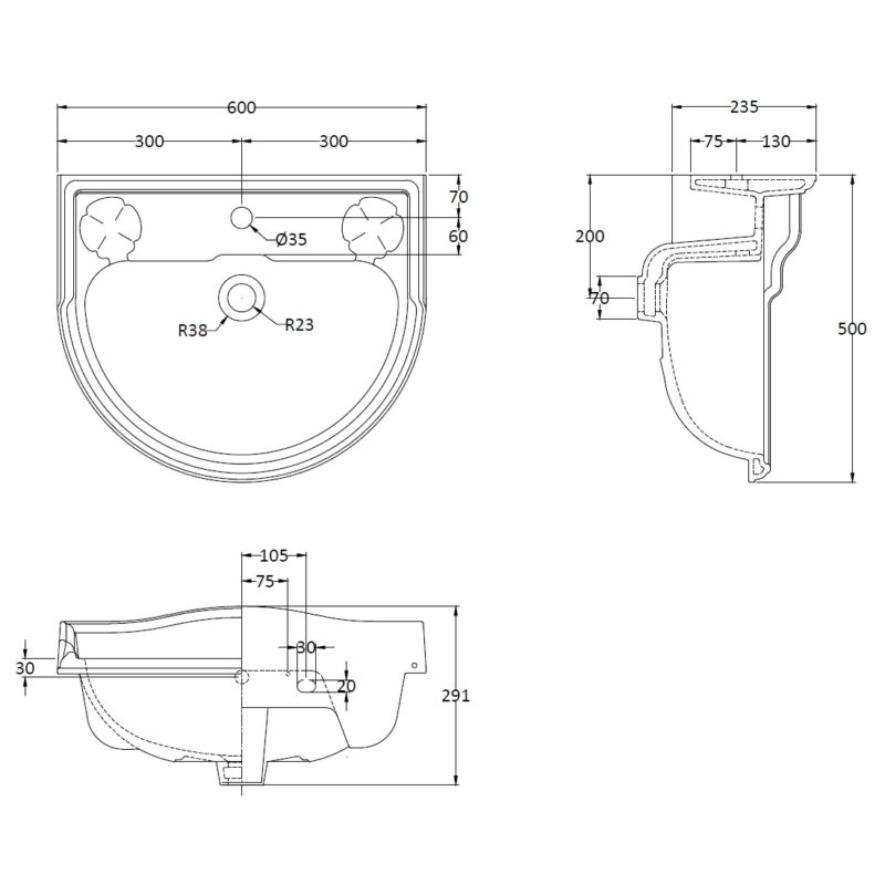 Bayswater Porchester 600mm 1 Tap Hole Basin
