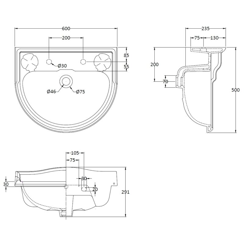 Bayswater Porchester 600mm 2 Tap Hole Basin