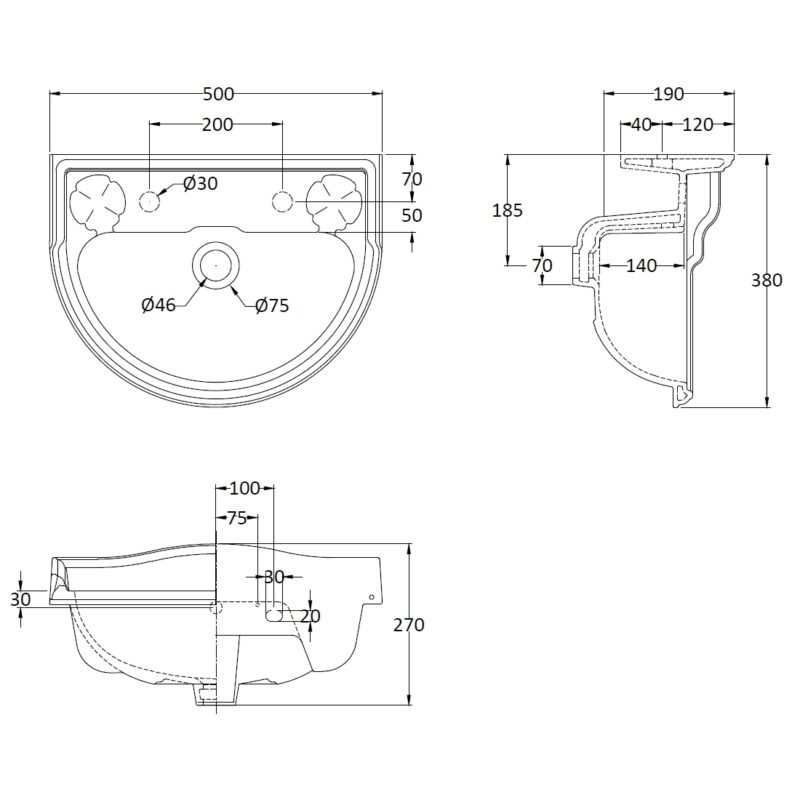 Bayswater Porchester 500mm 2 Tap Hole Basin