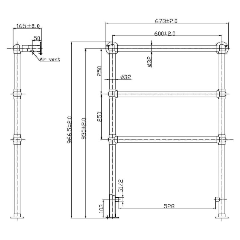 Bayswater Juliet Floor Mounted Towel Rail 1549 x 673 x 165mm