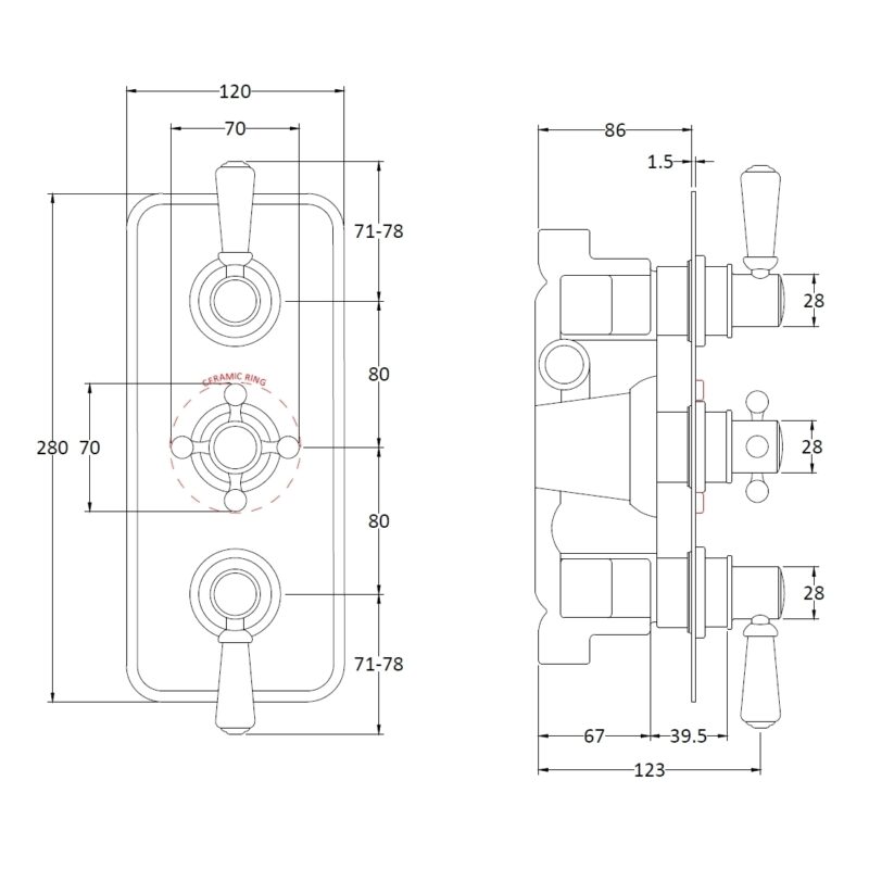 Bayswater Triple Concealed Valve with Diverter & Black Indices