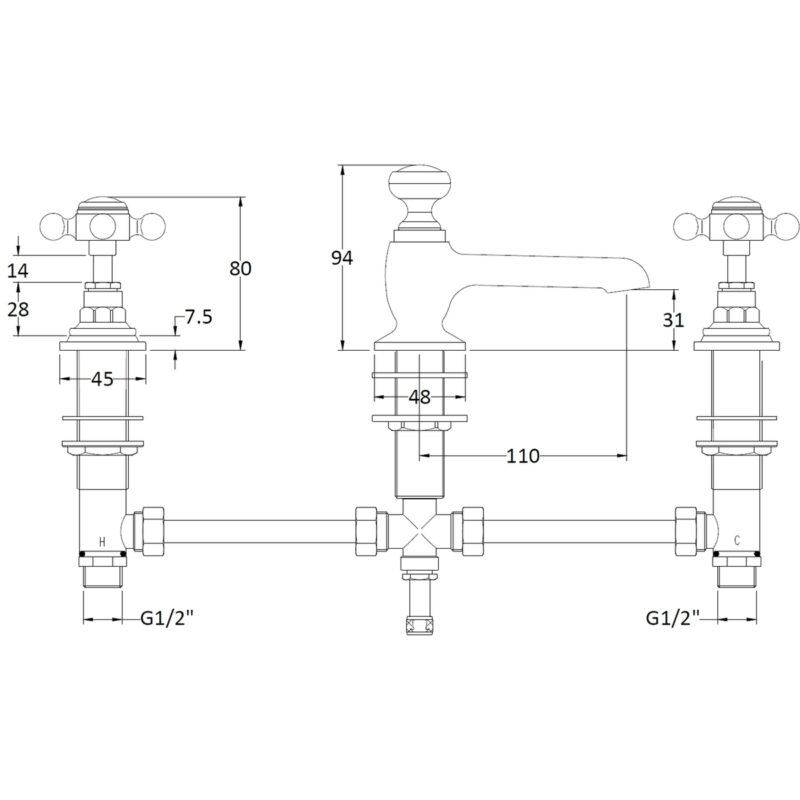 Bayswater White 3 Hole Basin Mixer with Crosshead & Hex Collar