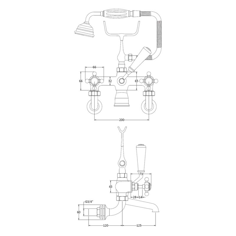 Bayswater White Wall Bath Shower Mixer, Crosshead & Hex Collar