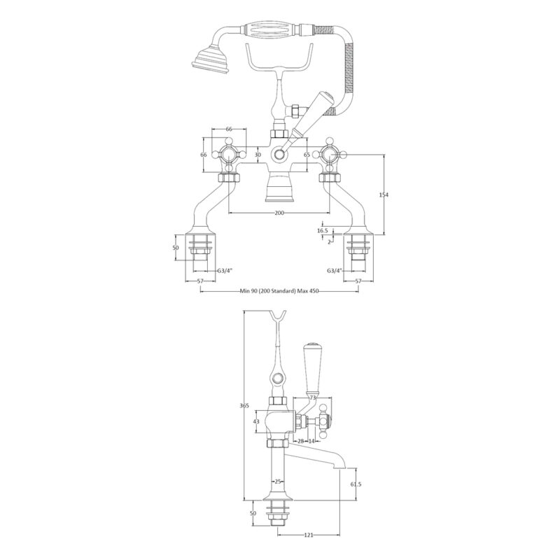 Bayswater Black Bath Shower Mixer with Crosshead & Hex Collar