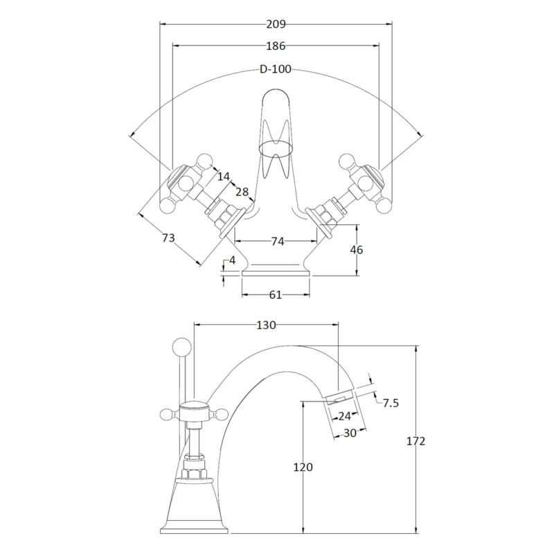Bayswater Black Mono Basin Mixer with Crosshead & Hex Collar