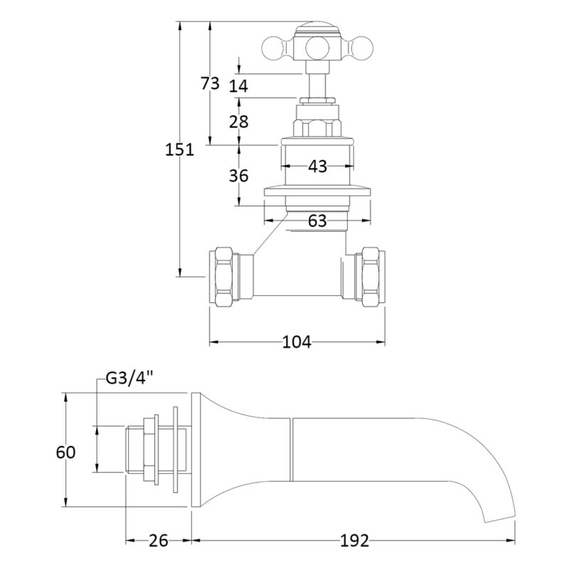 Bayswater Black Wall Bath Filler Tap with Crosshead Handles & Hex Collar