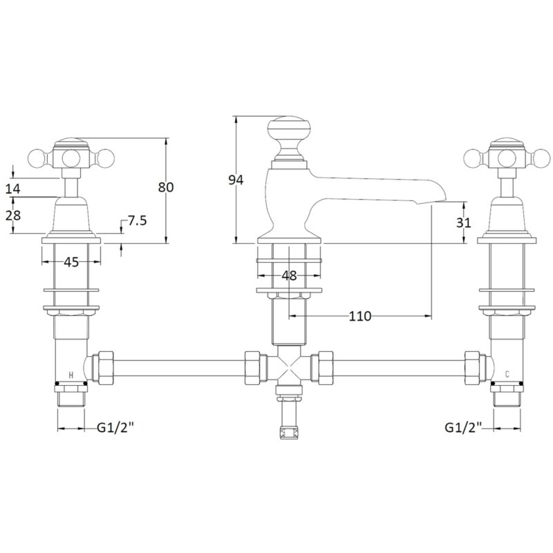 Bayswater White 3 Hole Basin Mixer with Crosshead & Dome Collar