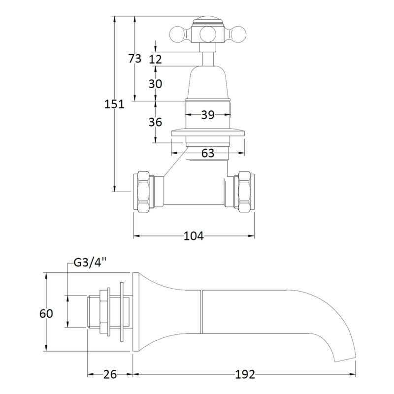 Bayswater White Wall Bath Filler with Crosshead & Dome Collar