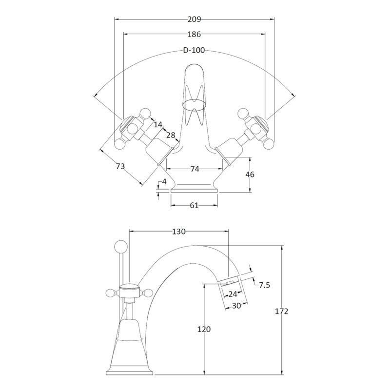 Bayswater Basin Mixer with Crosshead Handles & Dome Collar
