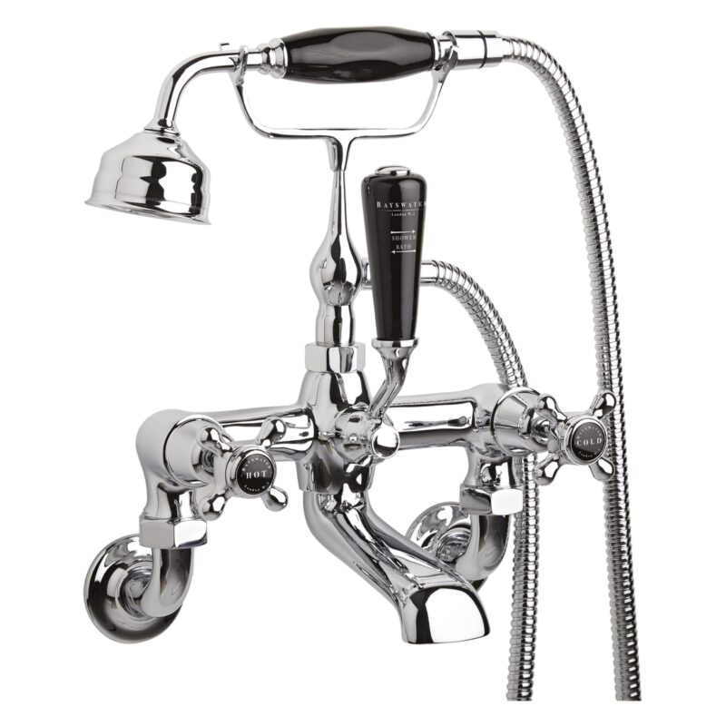 Bayswater Black Wall Bath Shower Mixer, Crosshead & Dome Collar Bayswater Black Wall Bath Shower Mixer, Crosshead & Dome Collar