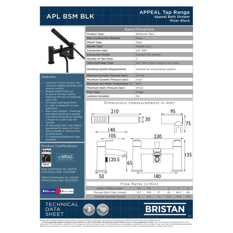 Bristan Appeal Bath Shower Mixer Tap Matt Black
