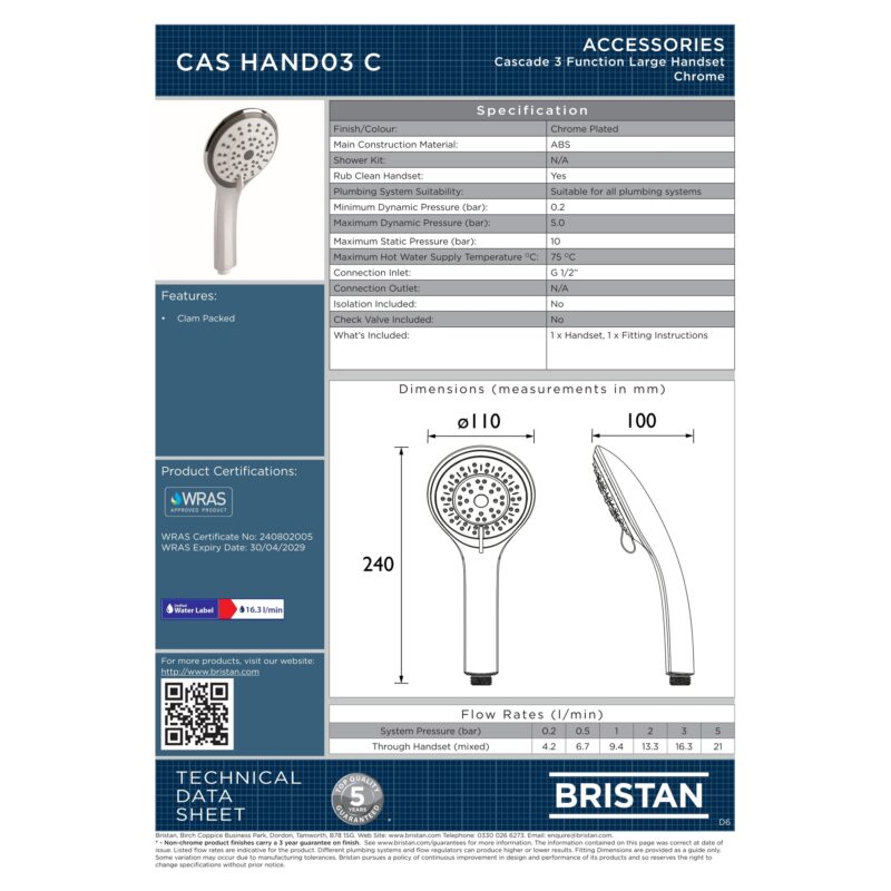 Bristan Cascade Large 3 Function Shower Handset
