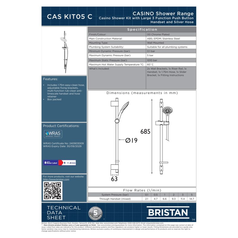 Bristan Casino Shower Kit with Large Handset & Easy Clean Hose