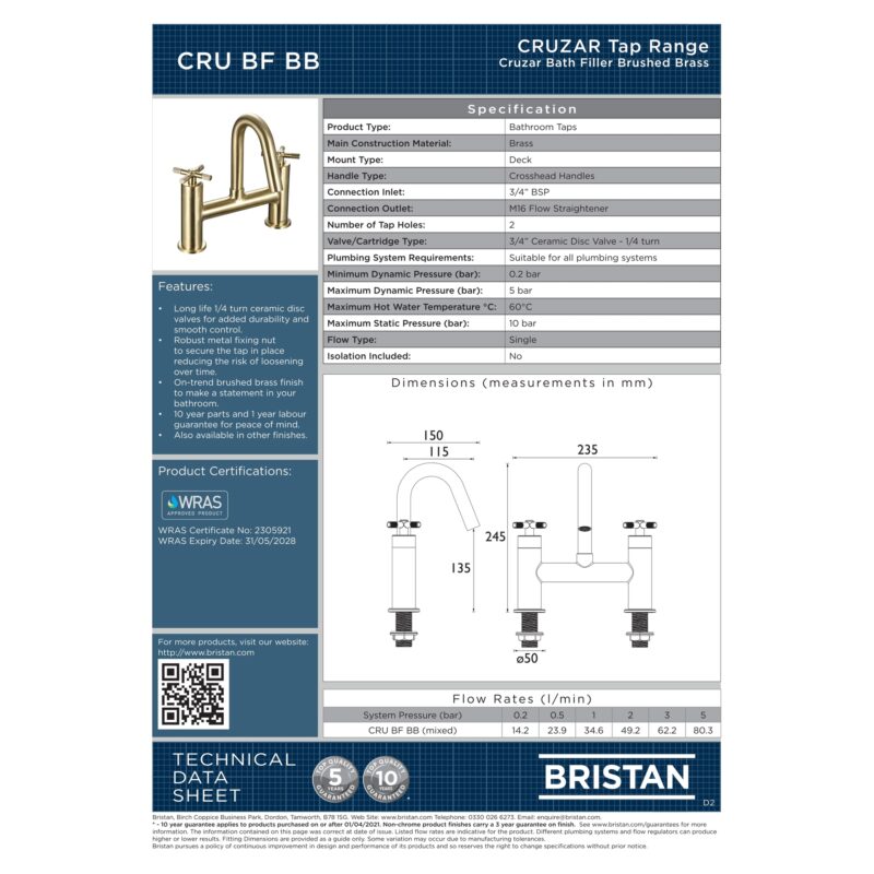 Bristan Cruzar Bath Filler Tap Brushed Brass