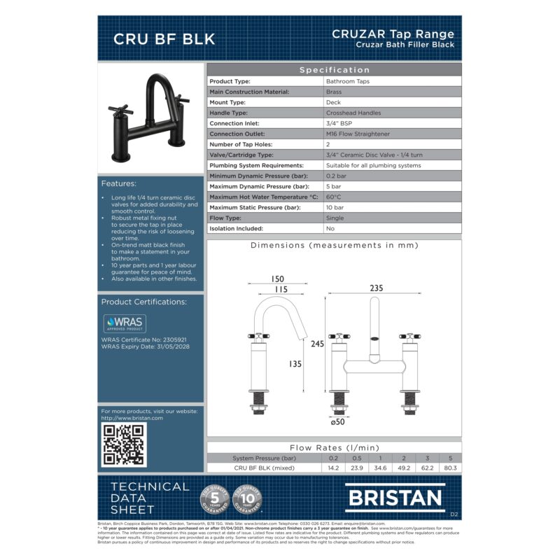 Bristan Cruzar Bath Filler Tap Matt Black