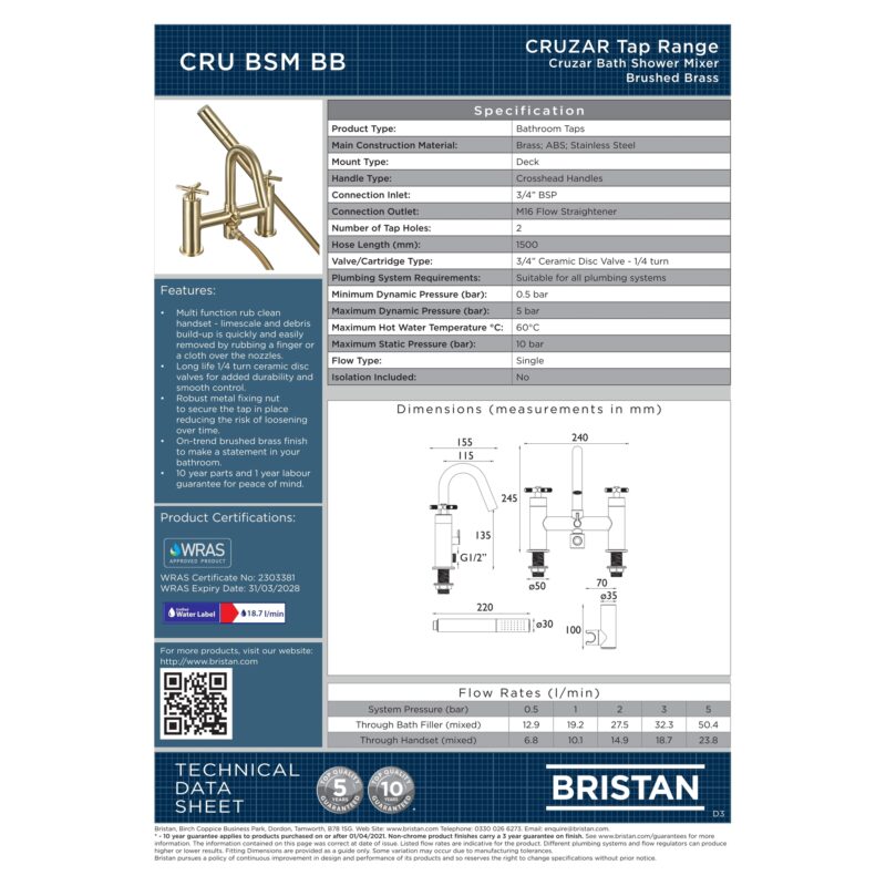 Bristan Cruzar Bath Shower Mixer Tap Brushed Brass