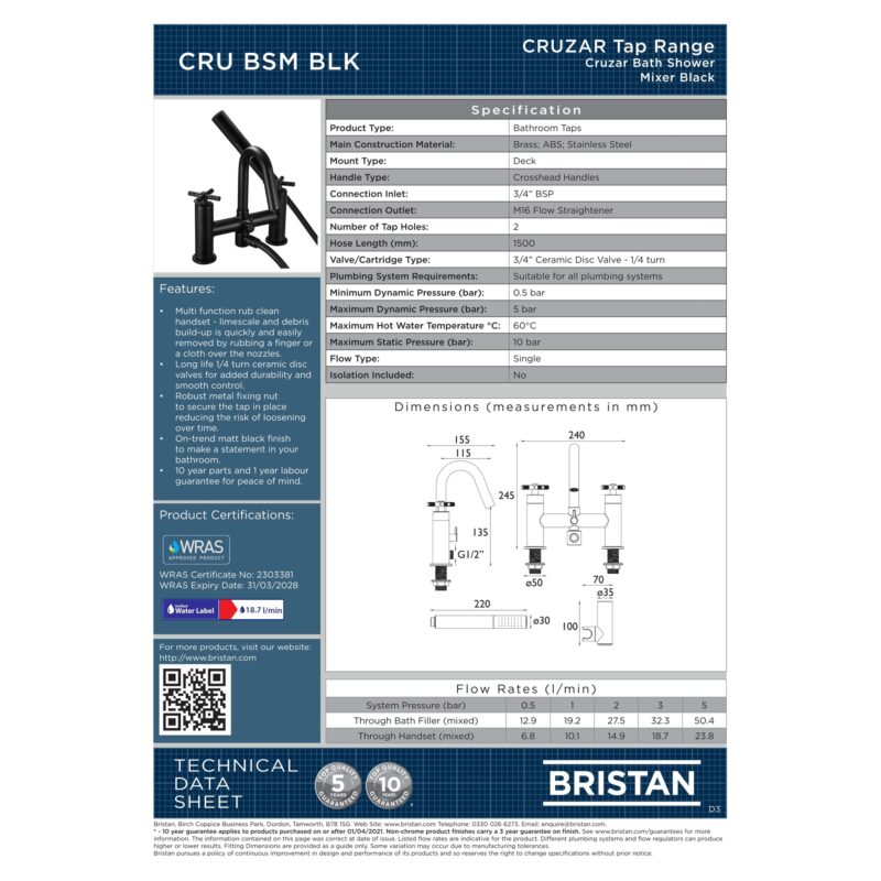 Bristan Cruzar Bath Shower Mixer Tap Matt Black