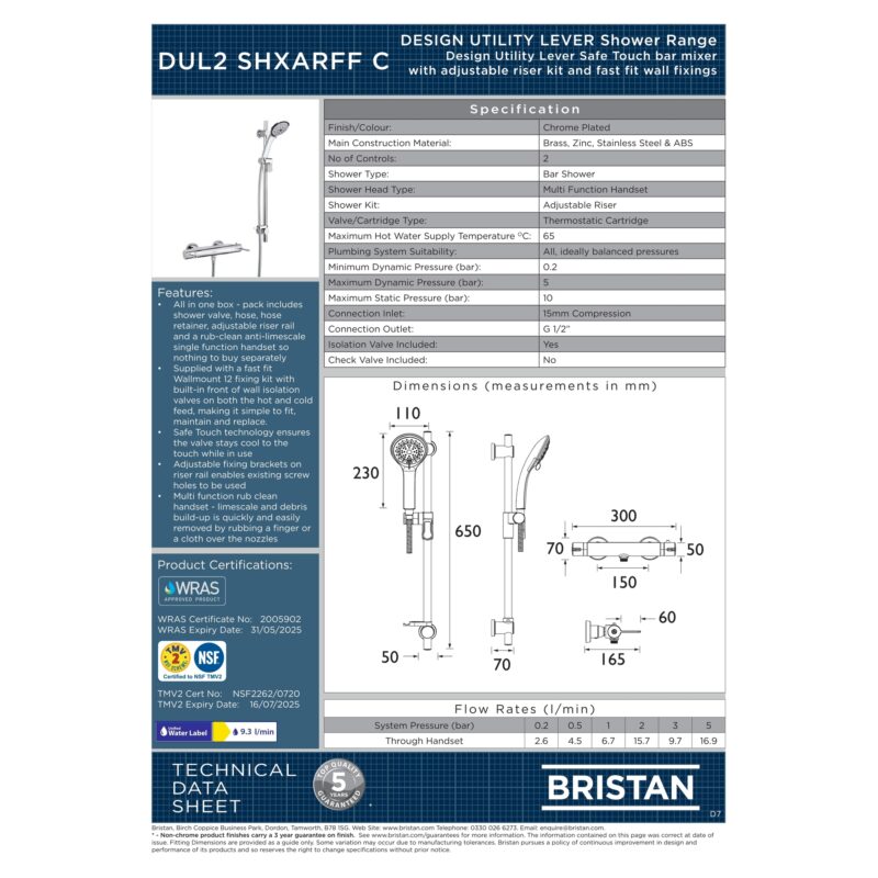 Bristan Design Utility Lever Thermostatic Bar Shower Set