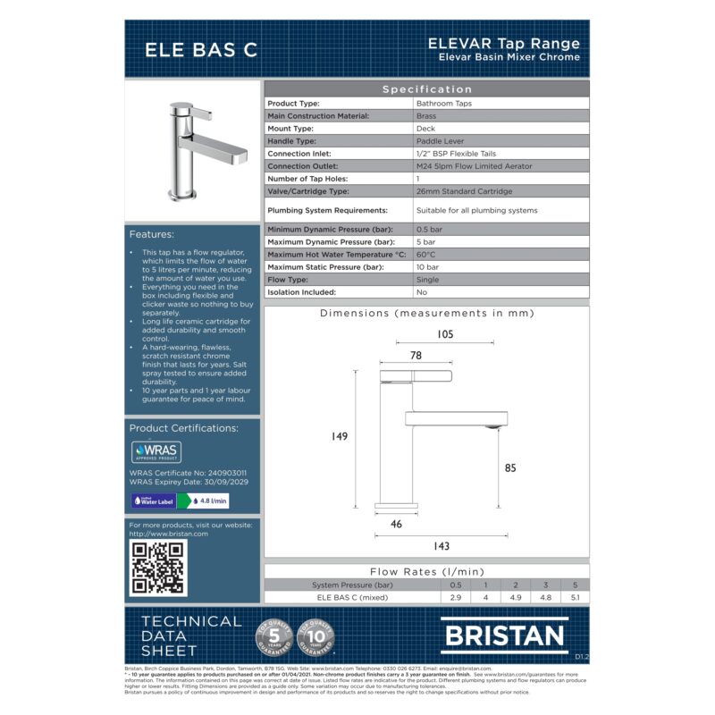Bristan Elevar Chrome Basin Mixer Tap with Clicker Waste