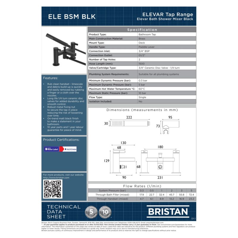 Bristan Elevar Matt Black Bath Shower Mixer Tap