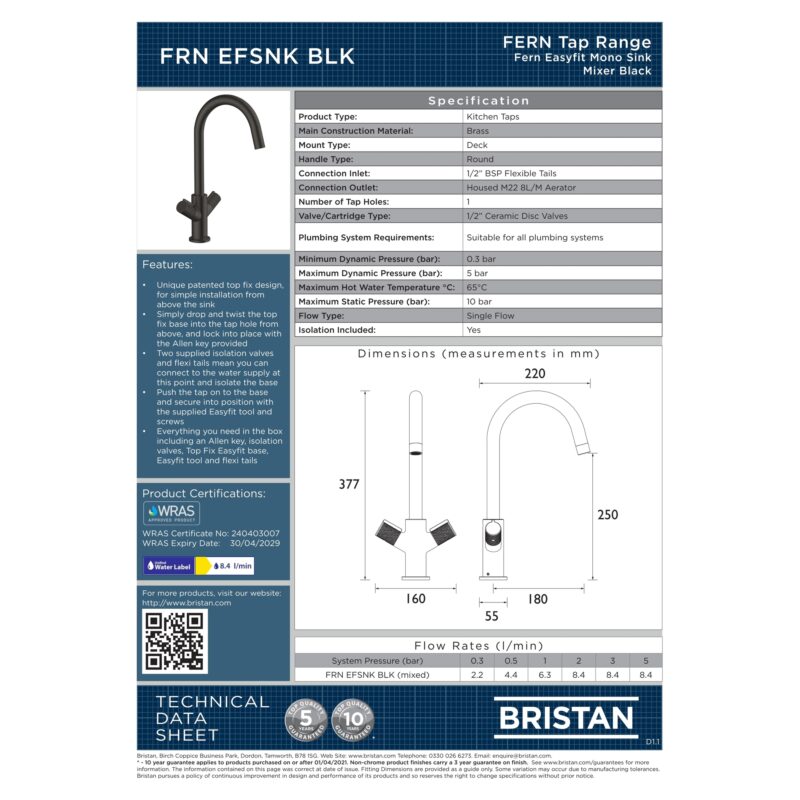 Bristan Fern Easyfit Sink Mixer Tap Black