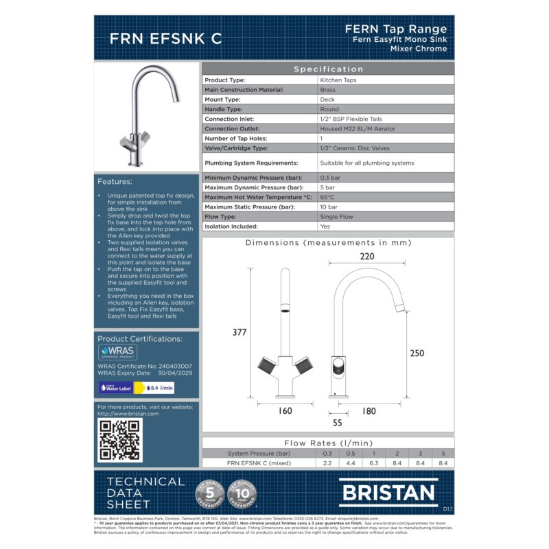 Bristan Fern Easyfit Sink Mixer Tap Chrome