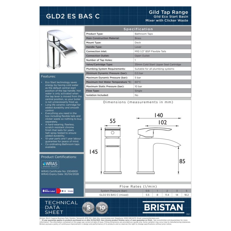 Bristan Gild Eco Start Chrome Basin Mixer Tap with Clicker Waste