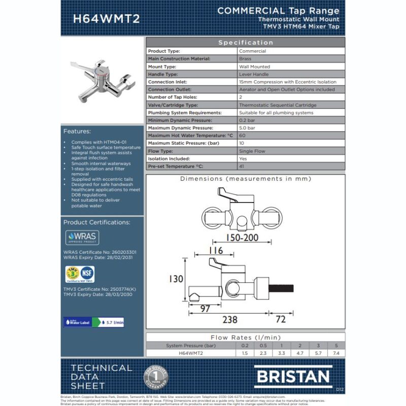 Bristan Thermostatic Wall Mount TMV3 HTM64 Mixer Tap